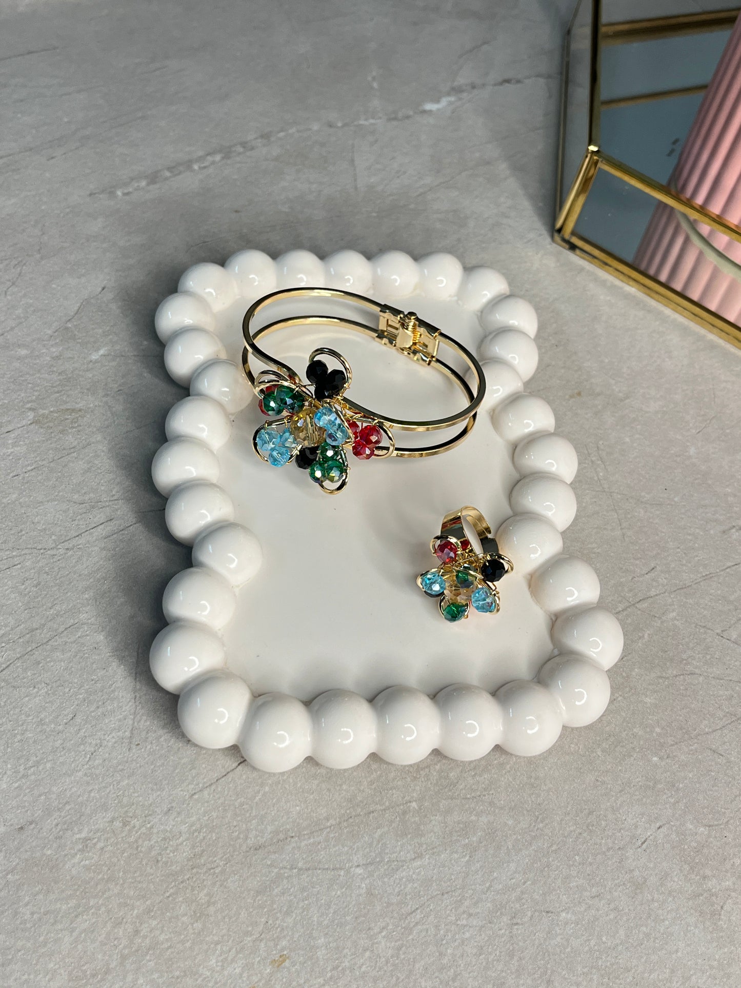 Crystal Bloom Cuff & Petal Charm Ring