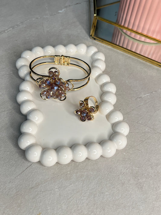 Crystal Bloom Cuff With Petal Charm Ring